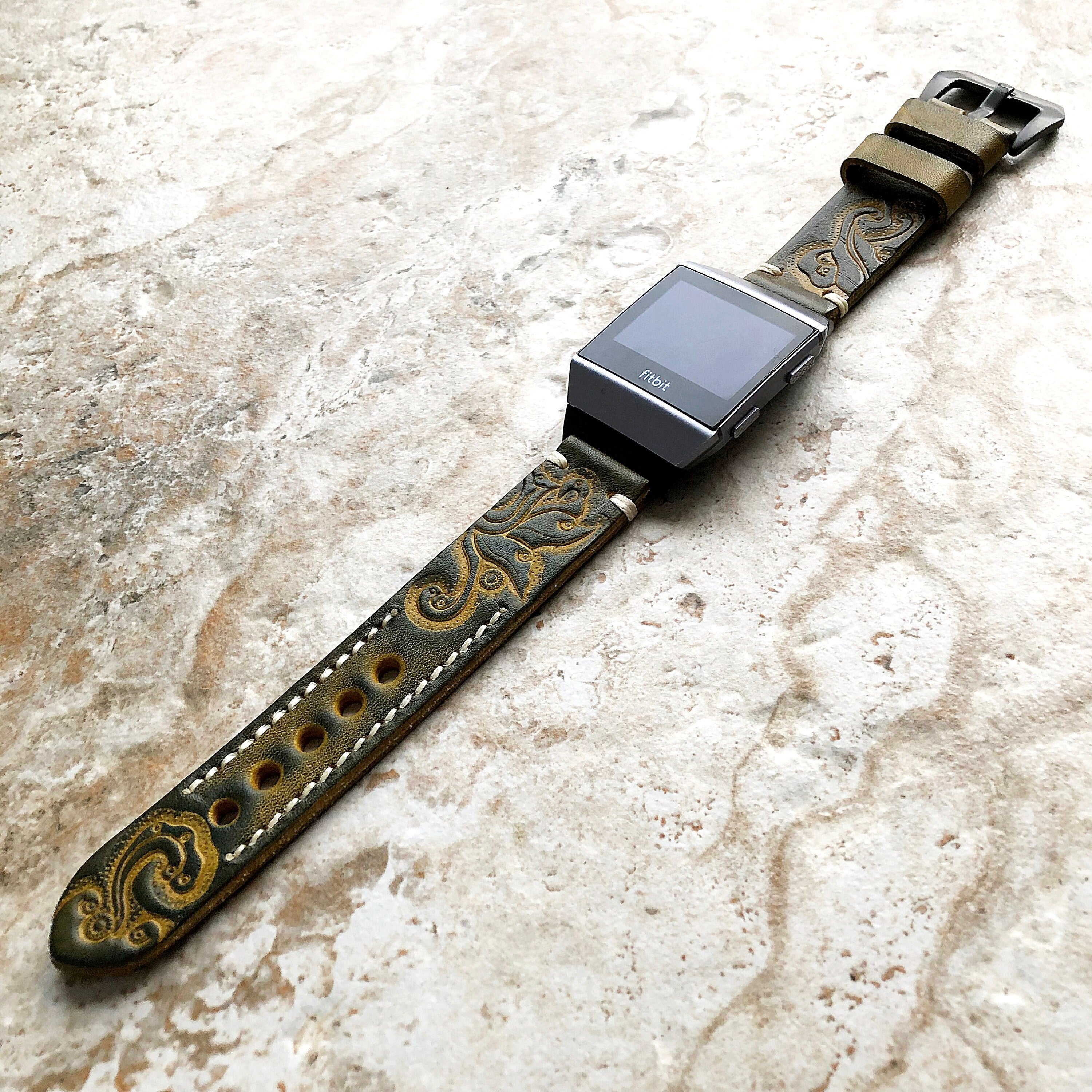 Fitbit Ionic Green Yellow Tooled Embossed Handmade Leather Bracelet for Watch Band Strap with Quick Release Adapters Silver Rose Gold Black